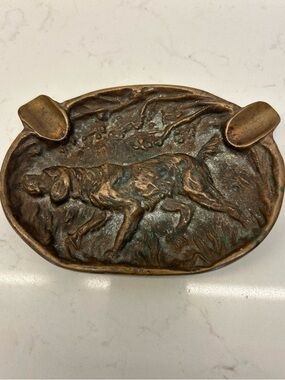 Vintage Brass Tobacco Cigar Cigarette Ash Tray With Dog Relief 4 x 6 inches
